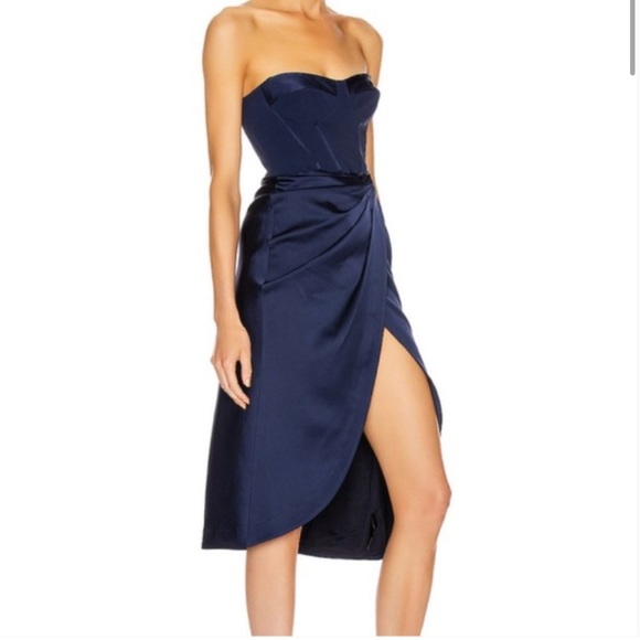 SIMKHAI Navy Blue Crepe Satin Combo Bustier Wrap Dress Size 0 - Picture 11 of 11
